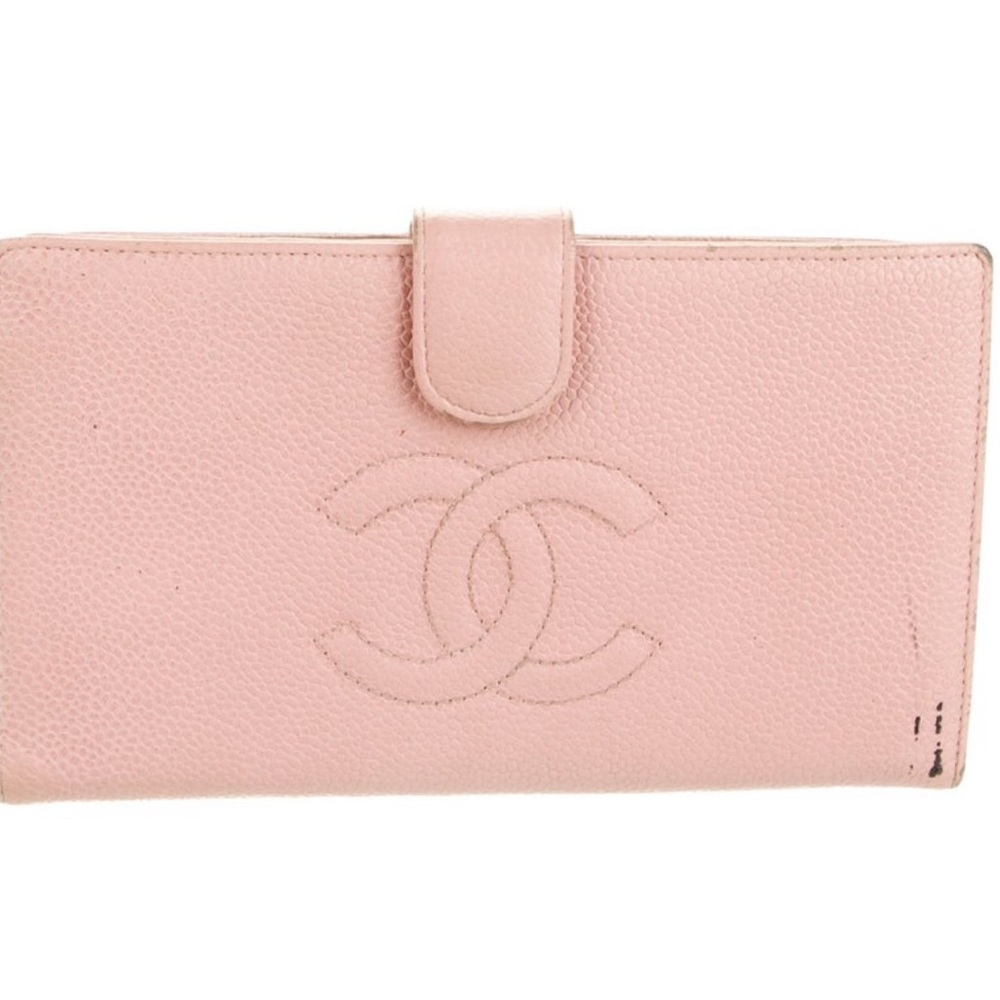 Chanel Pink Leather Wallet with Embossed Logo and Flap Closure